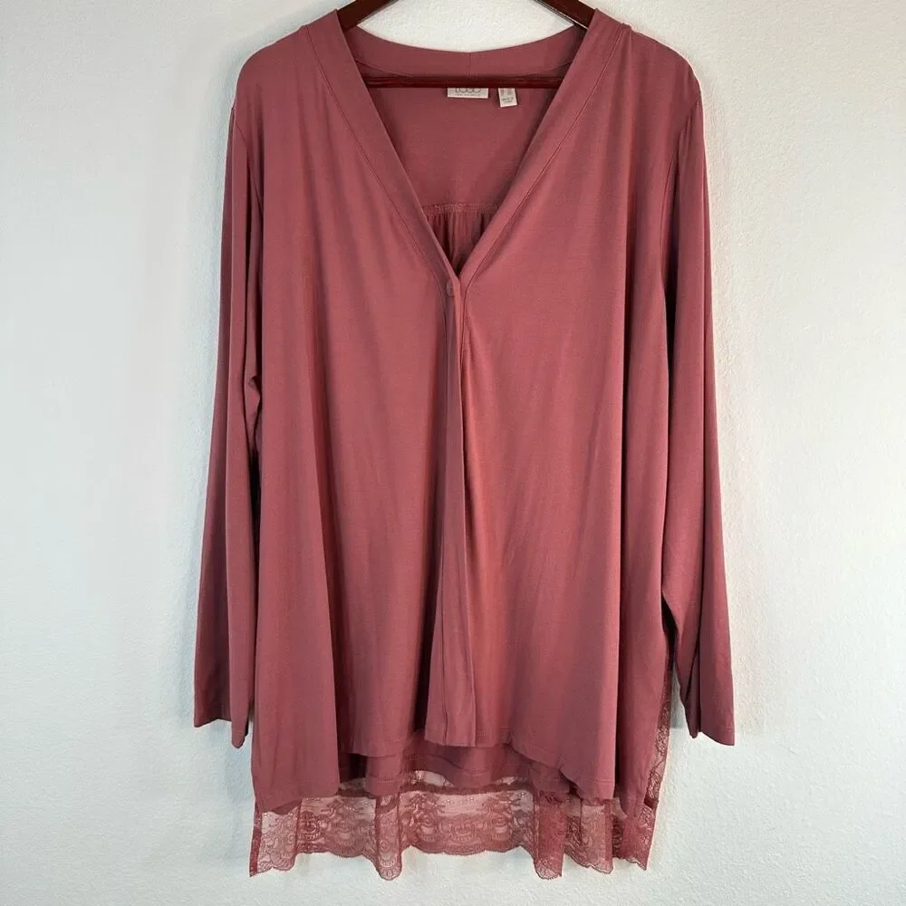 LOGO Lori Goldstein Rose Pink Jersey Cardigan Women’s 1X Mixed‎ Media Lace Back